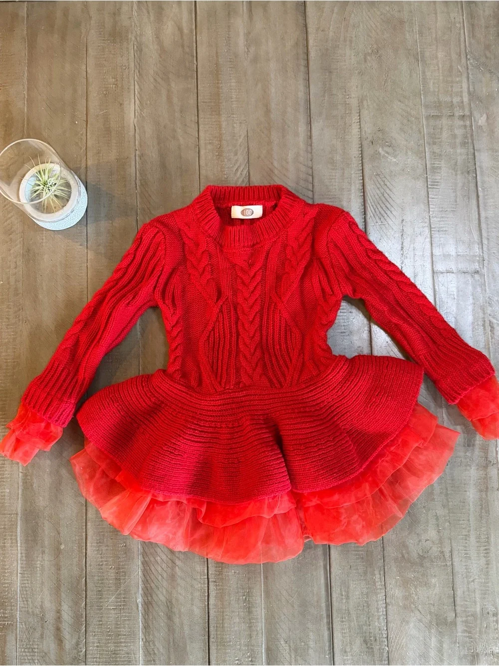 Red Holidays Sweater Cable Knit Tutu Dress with Tulle Trim